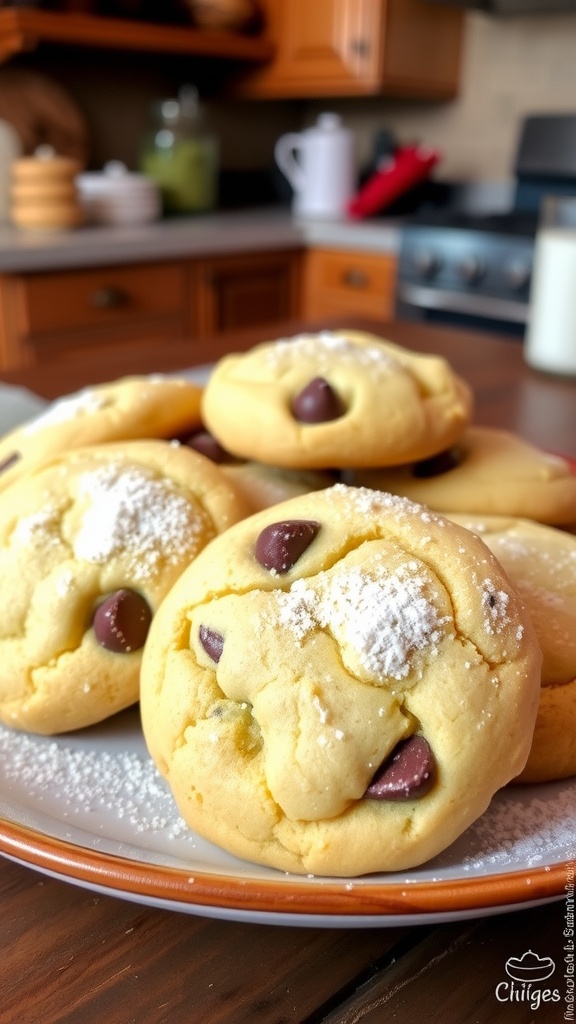 A plate of sour cream cookies dusted with powdered sugar, featuring a rustic kitchen setting.
